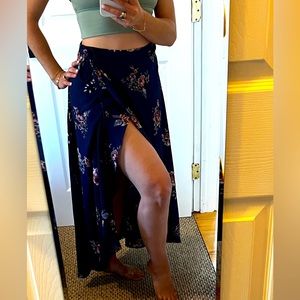 Miami blue floral asymmetric maxi skirt with tie
